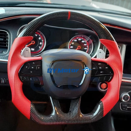 Real Carbon Fiber Steering Wheel Perforated Leather for Dodge Challenger Charger SRT HELLCAT 2015‑2022 Red Leather