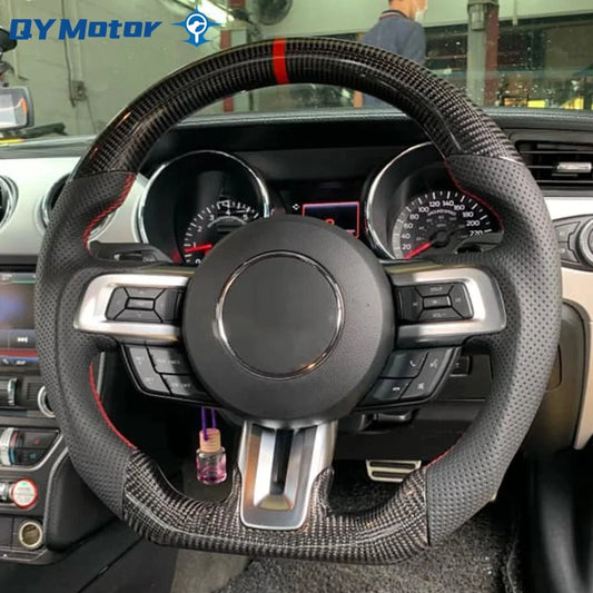 Real Carbon Fiber Steering Wheel Perforated Leather Red Fit for 2015-2023 Ford Mustang GT Ecoboost Shelby Sport Racing Wheel