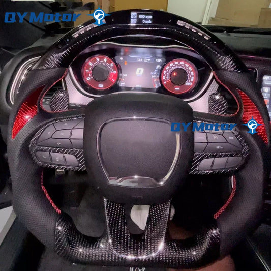 LED Real Carbon Fiber Steering Wheel Perforated Leather Red for Dodge Challenger Charger SRT HELLCAT 2015‑2022